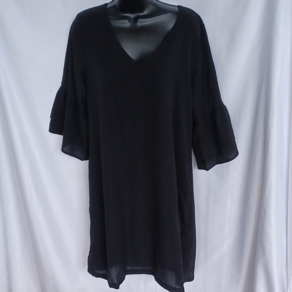 Belongsci Women Black Polyester V-Neck Long Sleeve Knee Length Dress Sz L
